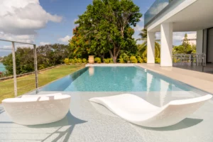 piscine avec plage immergée face à un arbre